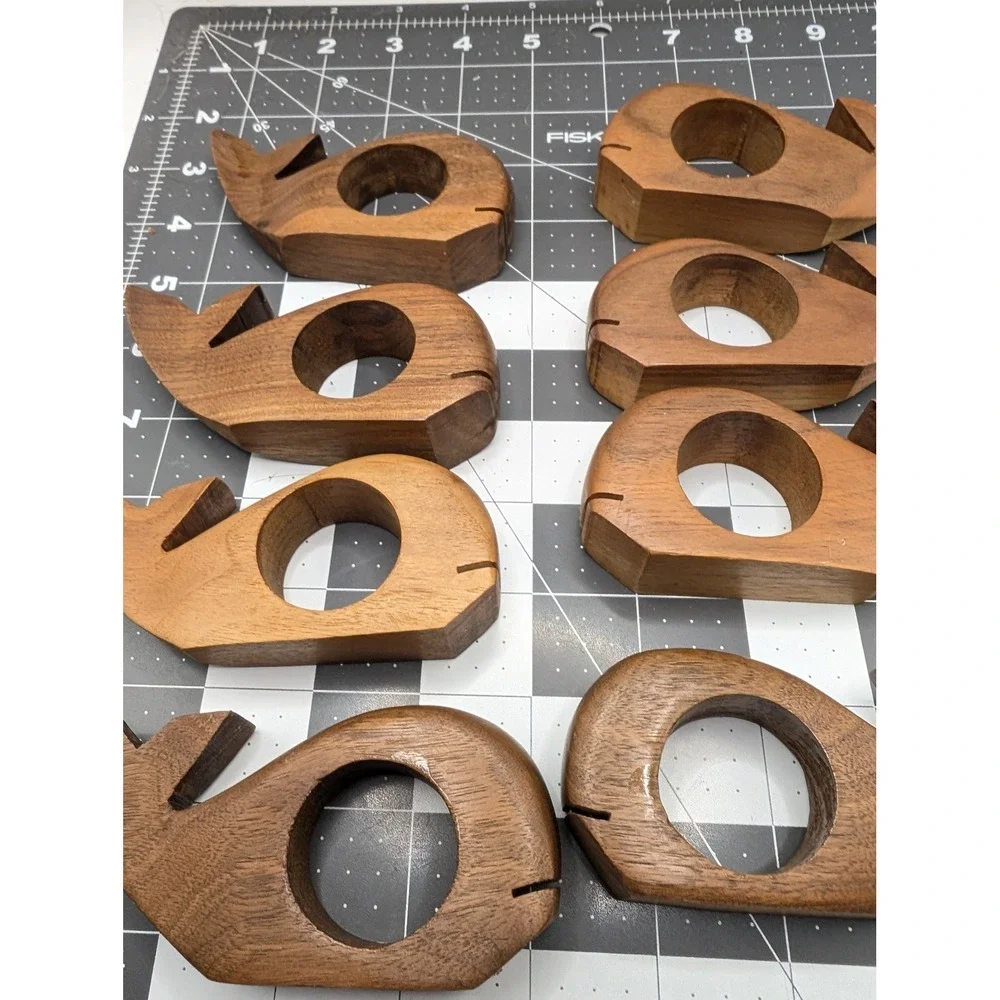 Hand Carved Wood Whale Napkin Rings Set of 8 Coastal Nautical Decor Brown